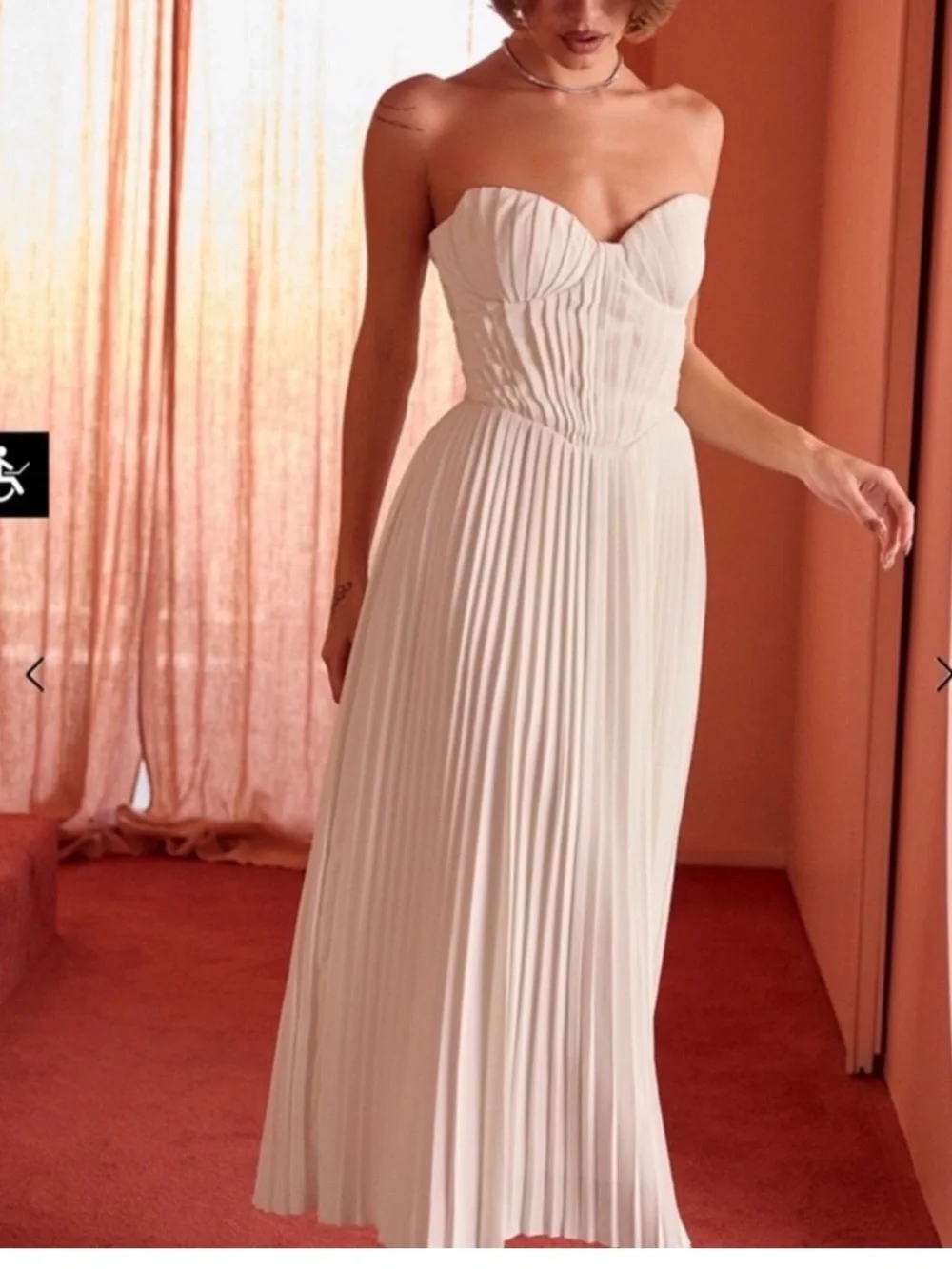 House of CB White Strapless Pleated Midi Dress